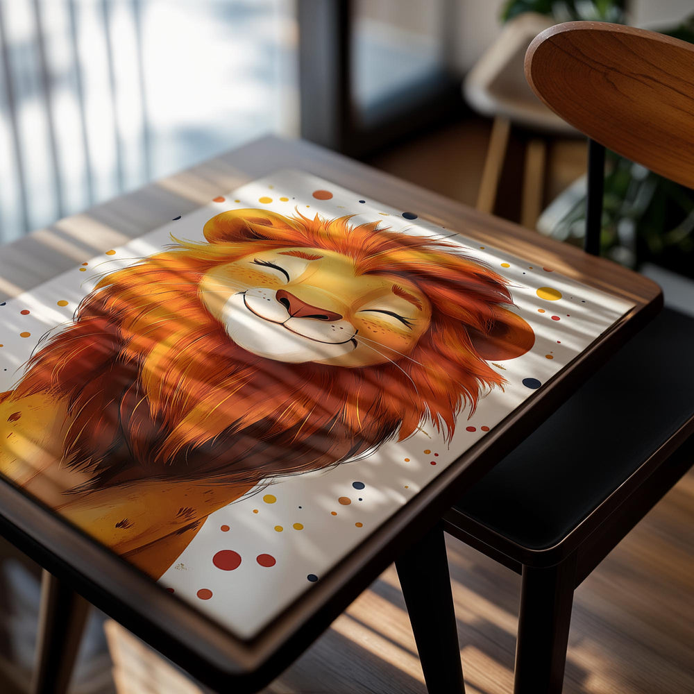 Cartoon lion face with closed eyes on a white background with colorful dots, as a premium aluminum metal print from GoMetalPrint.
