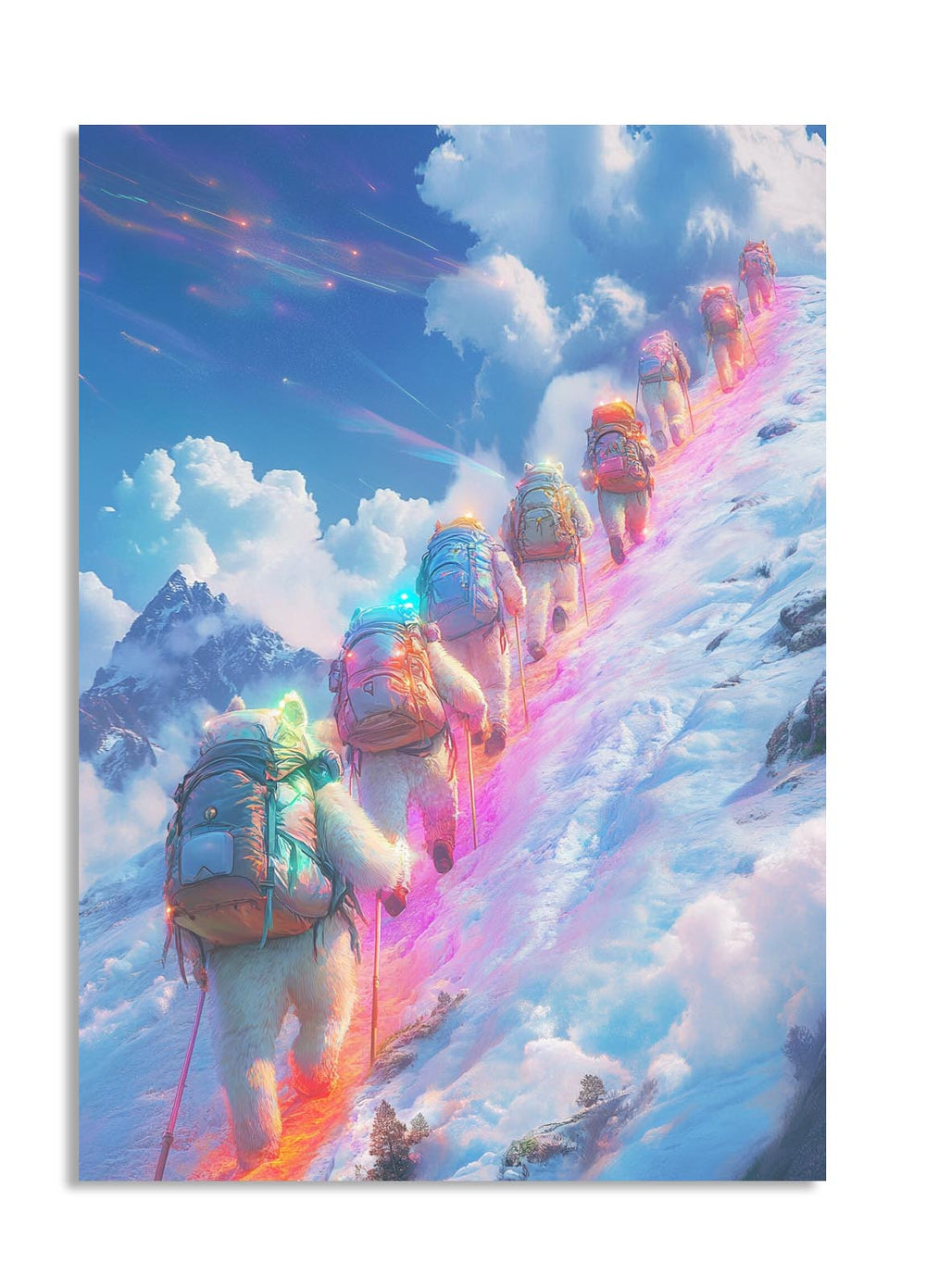 Illustration of a group of climbers on a mountain with colorful backpacks and equipment, as a premium aluminum metal print from GoMetalPrint.