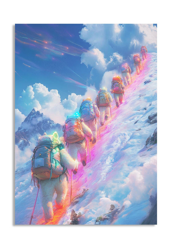 Illustration of a group of climbers on a mountain with colorful backpacks and equipment, as a premium aluminum metal print from GoMetalPrint.