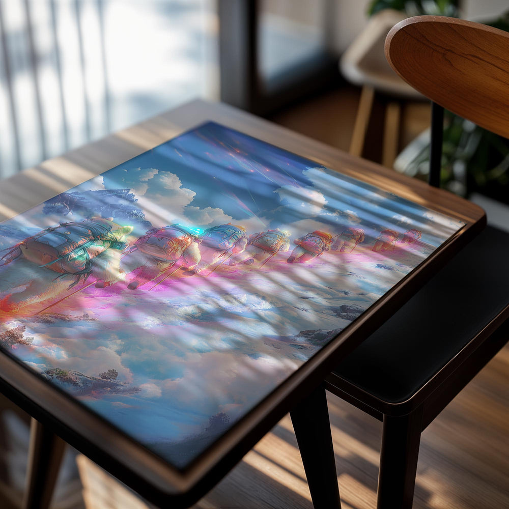 Illustration of a group of climbers on a mountain with colorful backpacks and equipment, as a premium aluminum metal print from GoMetalPrint.