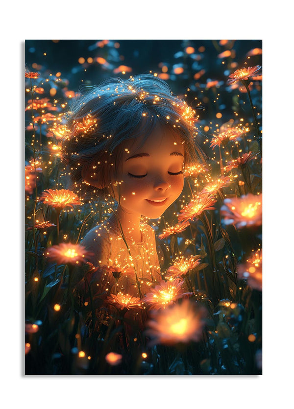 Illustration of a child surrounded by glowing flowers and sparkles, as a premium aluminum metal print from GoMetalPrint.