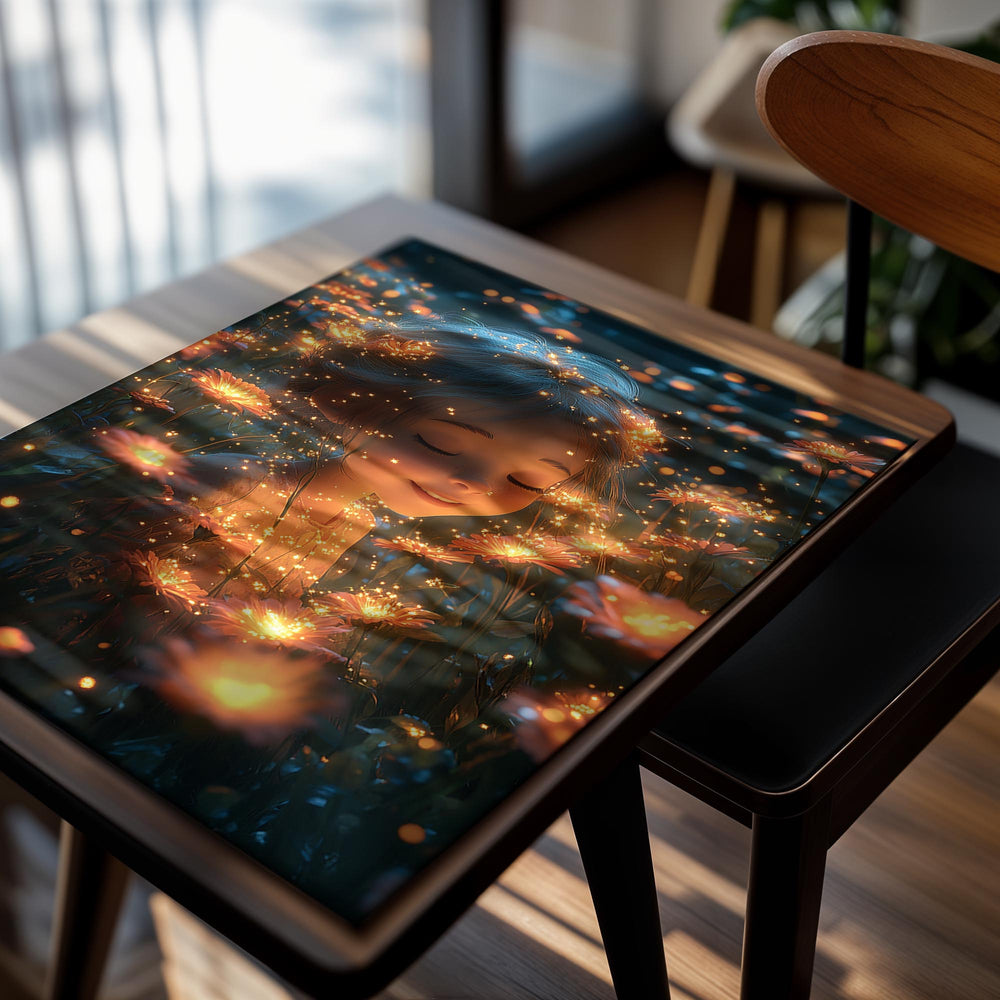 Illustration of a child surrounded by glowing flowers and sparkles, as a premium aluminum metal print from GoMetalPrint.