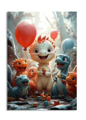 Illustration of cartoon dinosaurs with balloons and blocks in a forest setting, as a premium aluminum metal print from GoMetalPrint.