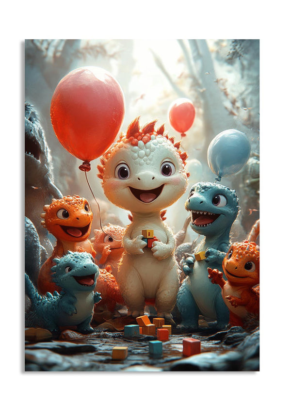 Illustration of cartoon dinosaurs with balloons and blocks in a forest setting, as a premium aluminum metal print from GoMetalPrint.