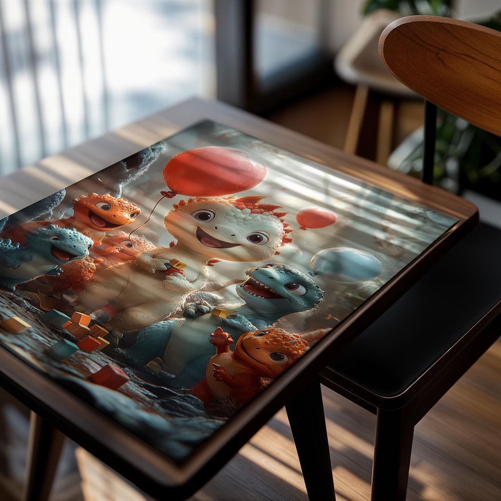 Illustration of cartoon dinosaurs with balloons and blocks in a forest setting, as a premium aluminum metal print from GoMetalPrint.