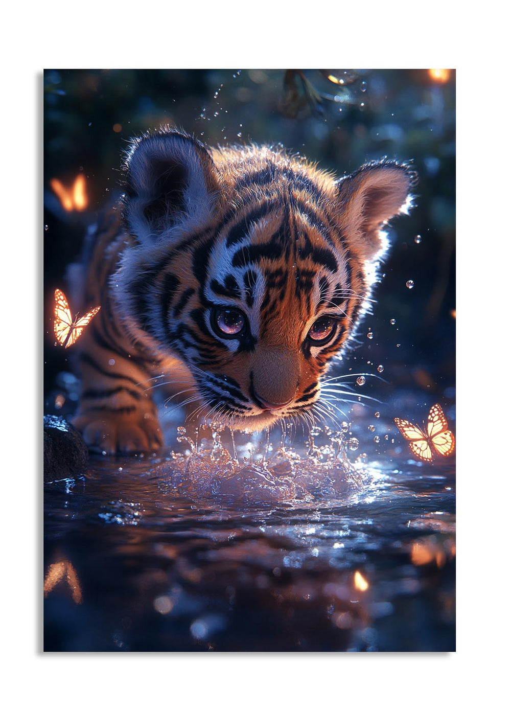 Cute tiger cub playing in water with butterfly effects, as a premium aluminum metal print from GoMetalPrint.
