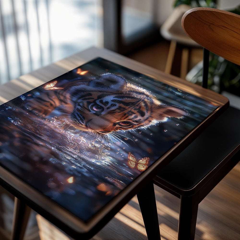 Cute tiger cub playing in water with butterfly effects, as a premium aluminum metal print from GoMetalPrint.