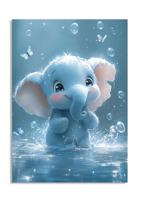 Cartoon elephant in water with bubbles and butterflies on a blue background, as a premium aluminum metal print from GoMetalPrint.
