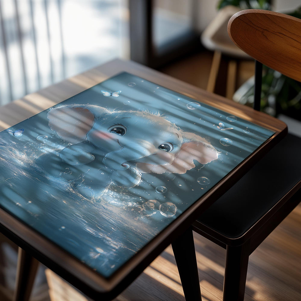 Cartoon elephant in water with bubbles and butterflies on a blue background, as a premium aluminum metal print from GoMetalPrint.
