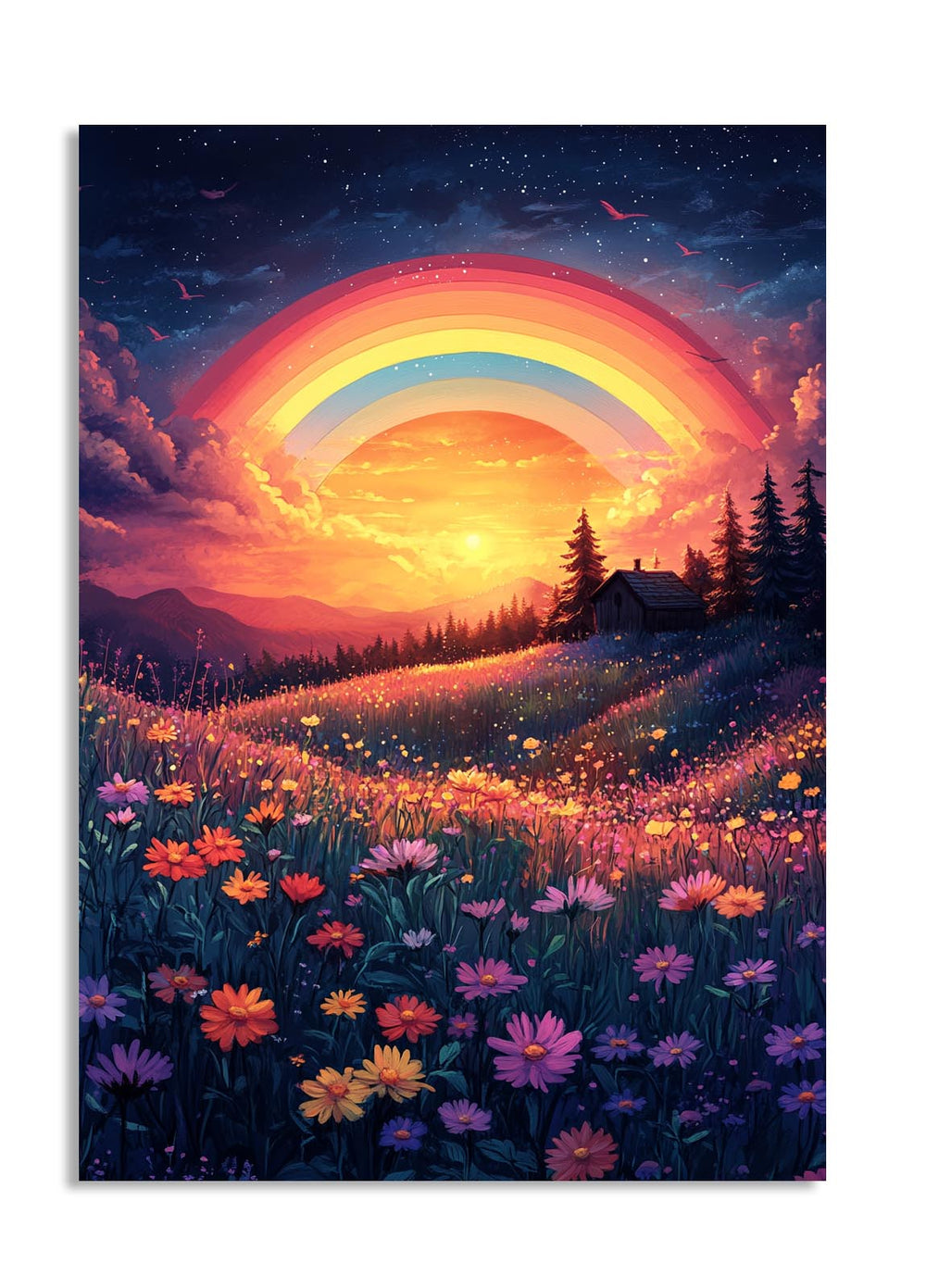 A serene landscape featuring a vibrant rainbow arching over a field of wildflowers during a breathtaking sunset, as a premium aluminum metal print from GoMetalPrint.