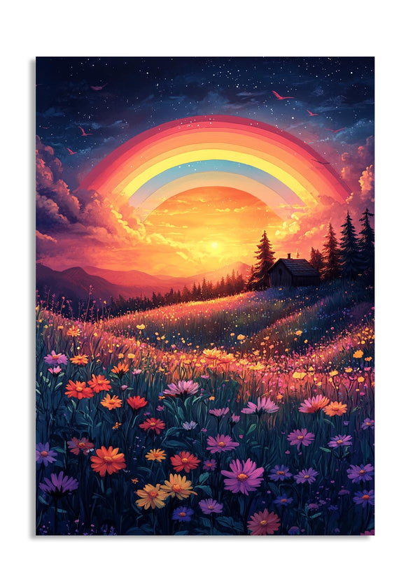 A serene landscape featuring a vibrant rainbow arching over a field of wildflowers during a breathtaking sunset, as a premium aluminum metal print from GoMetalPrint.