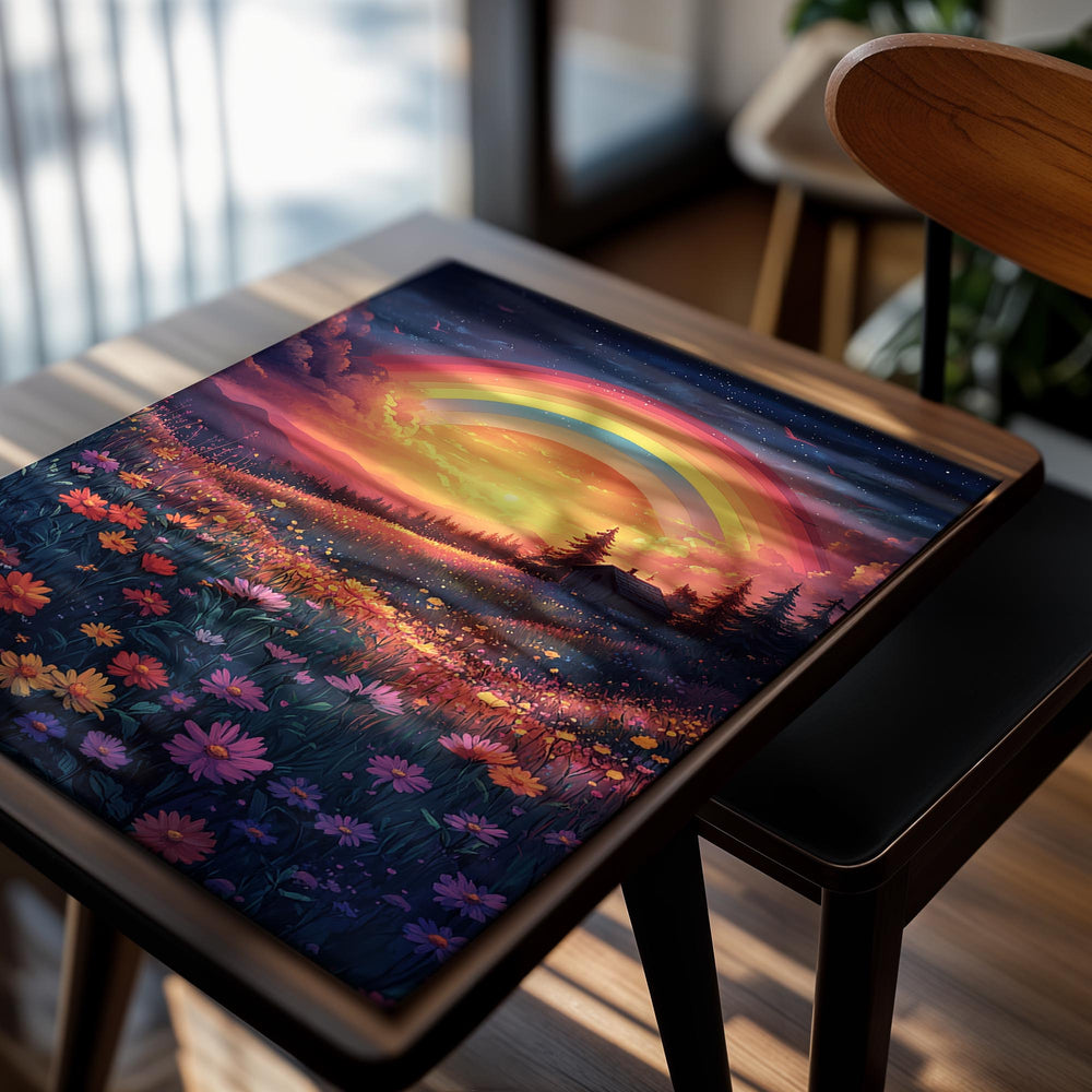 A serene landscape featuring a vibrant rainbow arching over a field of wildflowers during a breathtaking sunset, as a premium aluminum metal print from GoMetalPrint.
