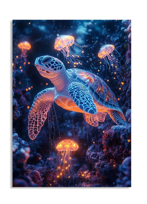 Glowing sea turtle surrounded by jellyfish in an underwater setting, as a premium aluminum metal print from GoMetalPrint.