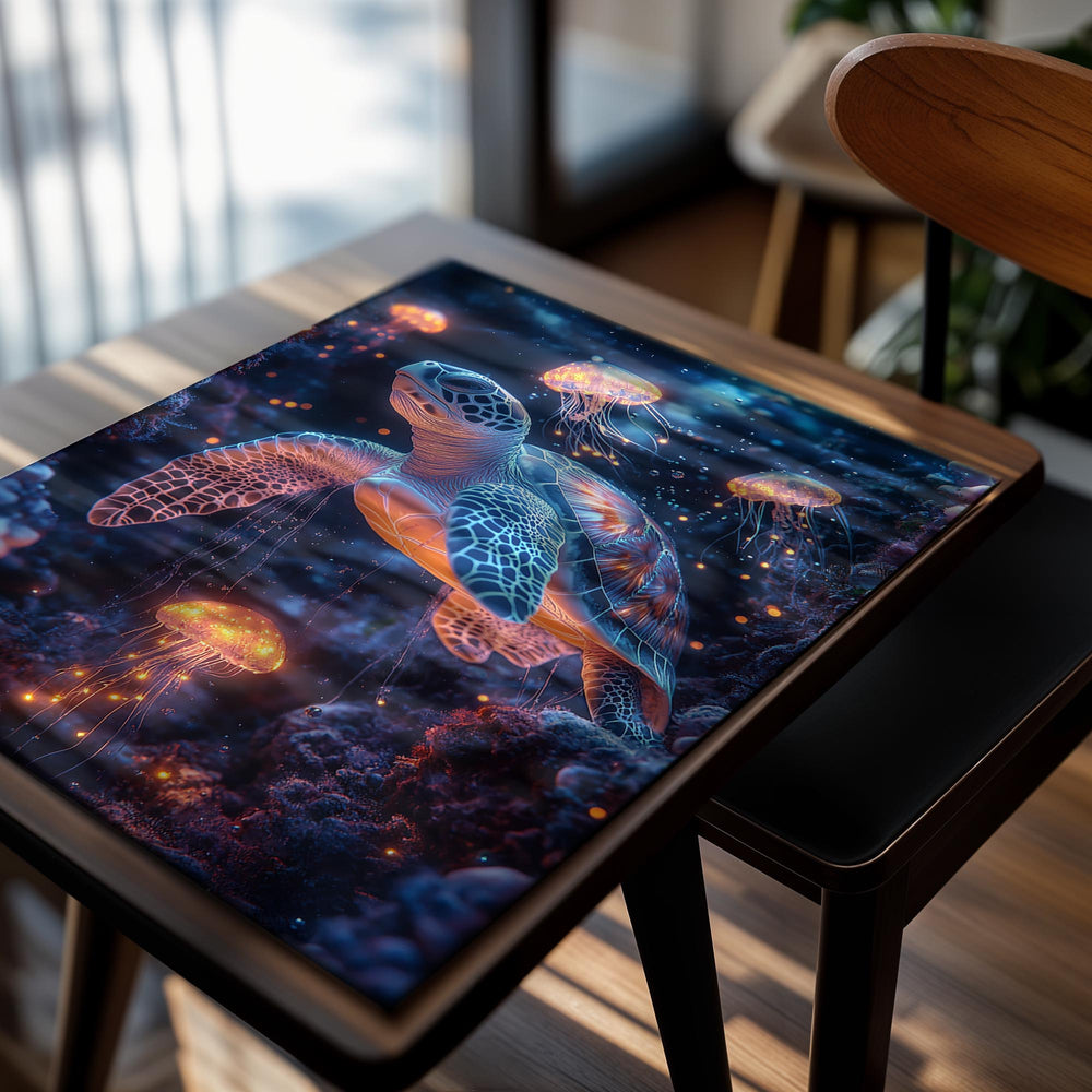 Glowing sea turtle surrounded by jellyfish in an underwater setting, as a premium aluminum metal print from GoMetalPrint.