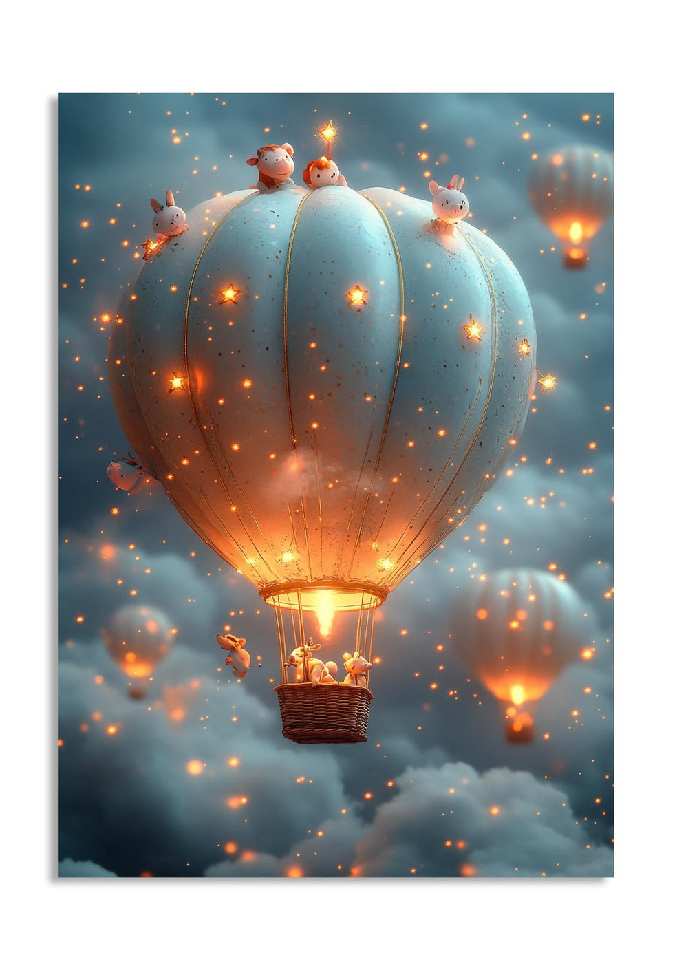 A whimsical scene of animals aboard a glowing hot air balloon, surrounded by floating stars in a dreamy sky, as a premium aluminum metal print from GoMetalPrint.