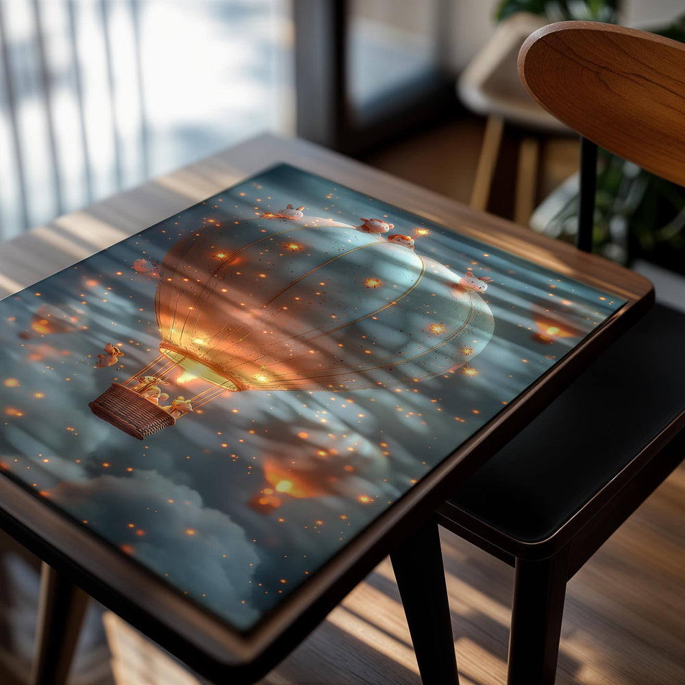 A whimsical scene of animals aboard a glowing hot air balloon, surrounded by floating stars in a dreamy sky, as a premium aluminum metal print from GoMetalPrint.