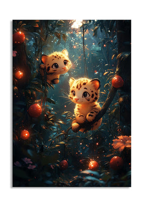 Two cartoon tiger cubs in a forest with glowing fruits and flowers, as a premium aluminum metal print from GoMetalPrint.