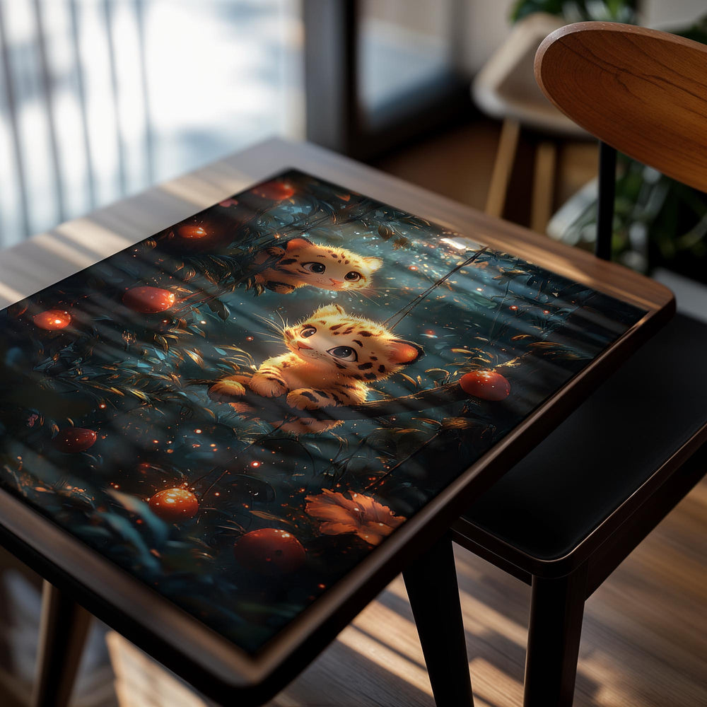 Two cartoon tiger cubs in a forest with glowing fruits and flowers, as a premium aluminum metal print from GoMetalPrint.