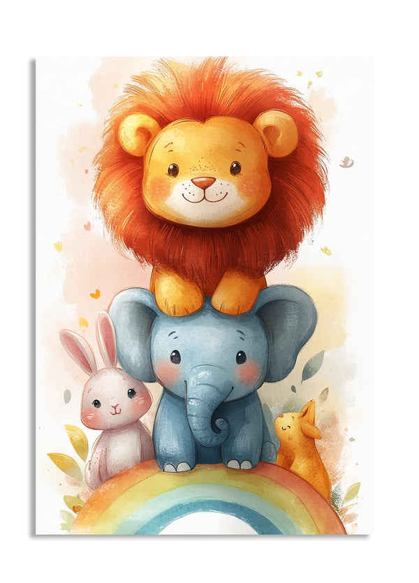 Illustration of a lion on an elephant with a rabbit and fox below, set against a rainbow and cloud background, as a premium aluminum metal print from GoMetalPrint.