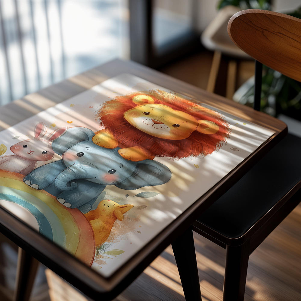 Illustration of a lion on an elephant with a rabbit and fox below, set against a rainbow and cloud background, as a premium aluminum metal print from GoMetalPrint.