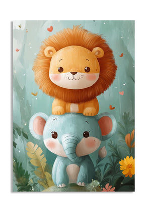 Illustration of a lion and elephant in a forest setting with flowers and leaves, as a premium aluminum metal print from GoMetalPrint.