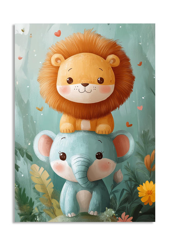 Illustration of a lion and elephant in a forest setting with flowers and leaves, as a premium aluminum metal print from GoMetalPrint.