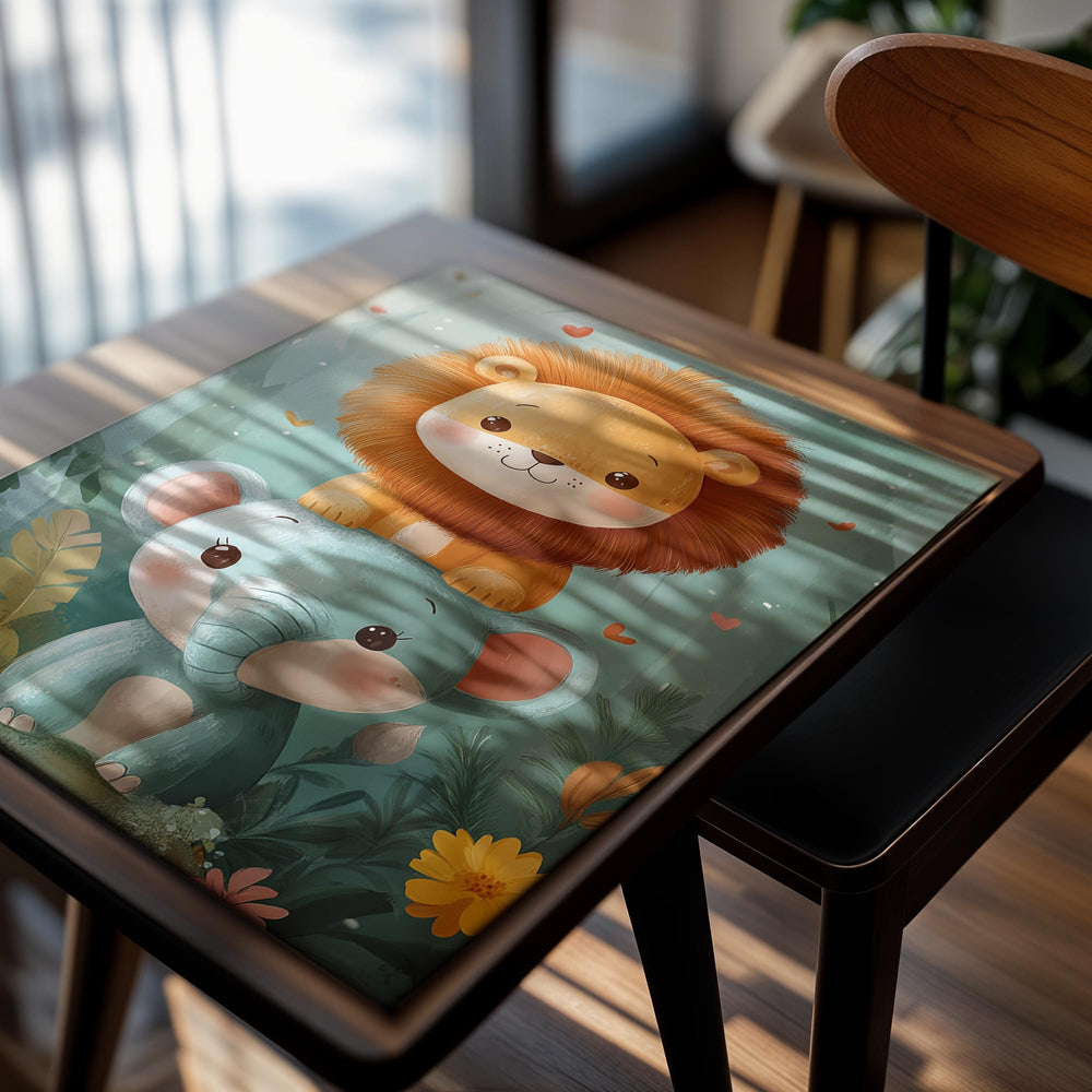 Illustration of a lion and elephant in a forest setting with flowers and leaves, as a premium aluminum metal print from GoMetalPrint.