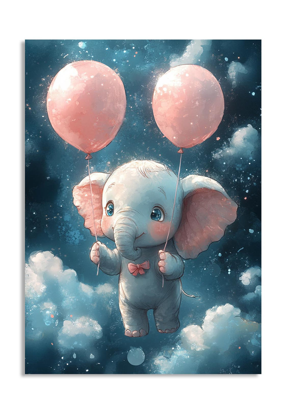 Illustration of a baby elephant holding pink balloons against a starry night sky, as a premium aluminum metal print from GoMetalPrint.