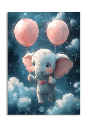 Illustration of a baby elephant holding pink balloons against a starry night sky, as a premium aluminum metal print from GoMetalPrint.