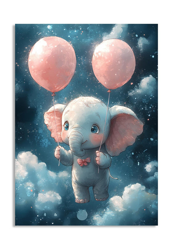 Illustration of a baby elephant holding pink balloons against a starry night sky, as a premium aluminum metal print from GoMetalPrint.