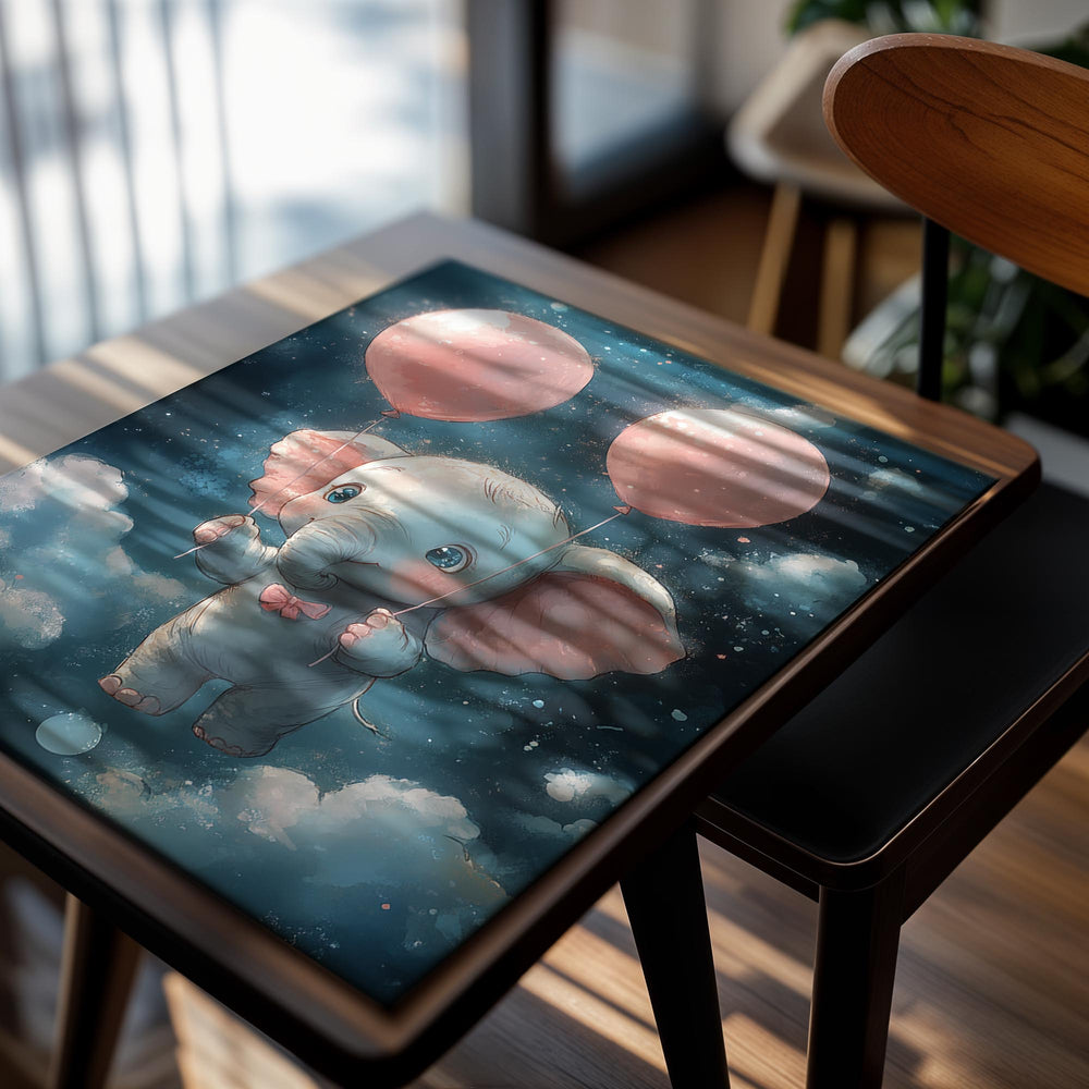 Illustration of a baby elephant holding pink balloons against a starry night sky, as a premium aluminum metal print from GoMetalPrint.