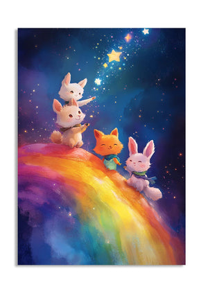 Cartoon animals on a rainbow with a starry night background, as a premium aluminum metal print from GoMetalPrint.