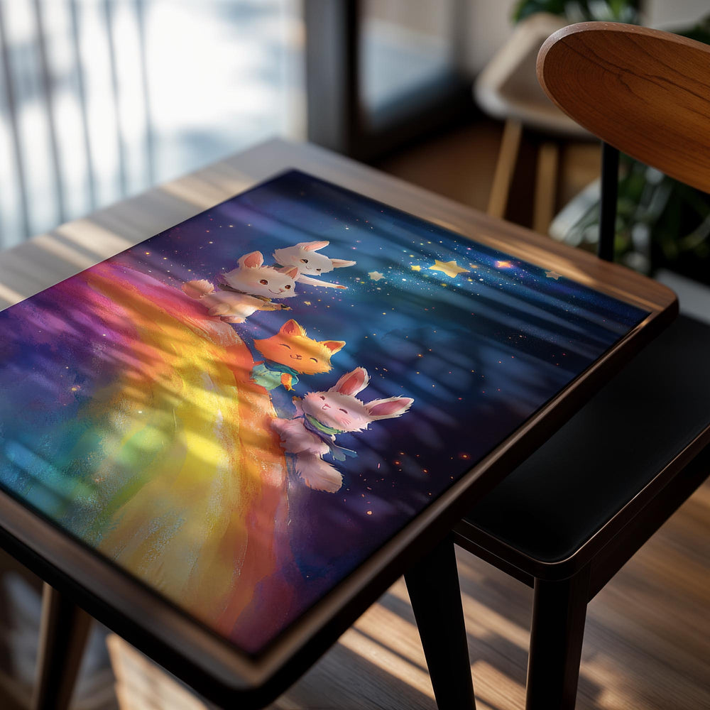 Cartoon animals on a rainbow with a starry night background, as a premium aluminum metal print from GoMetalPrint.