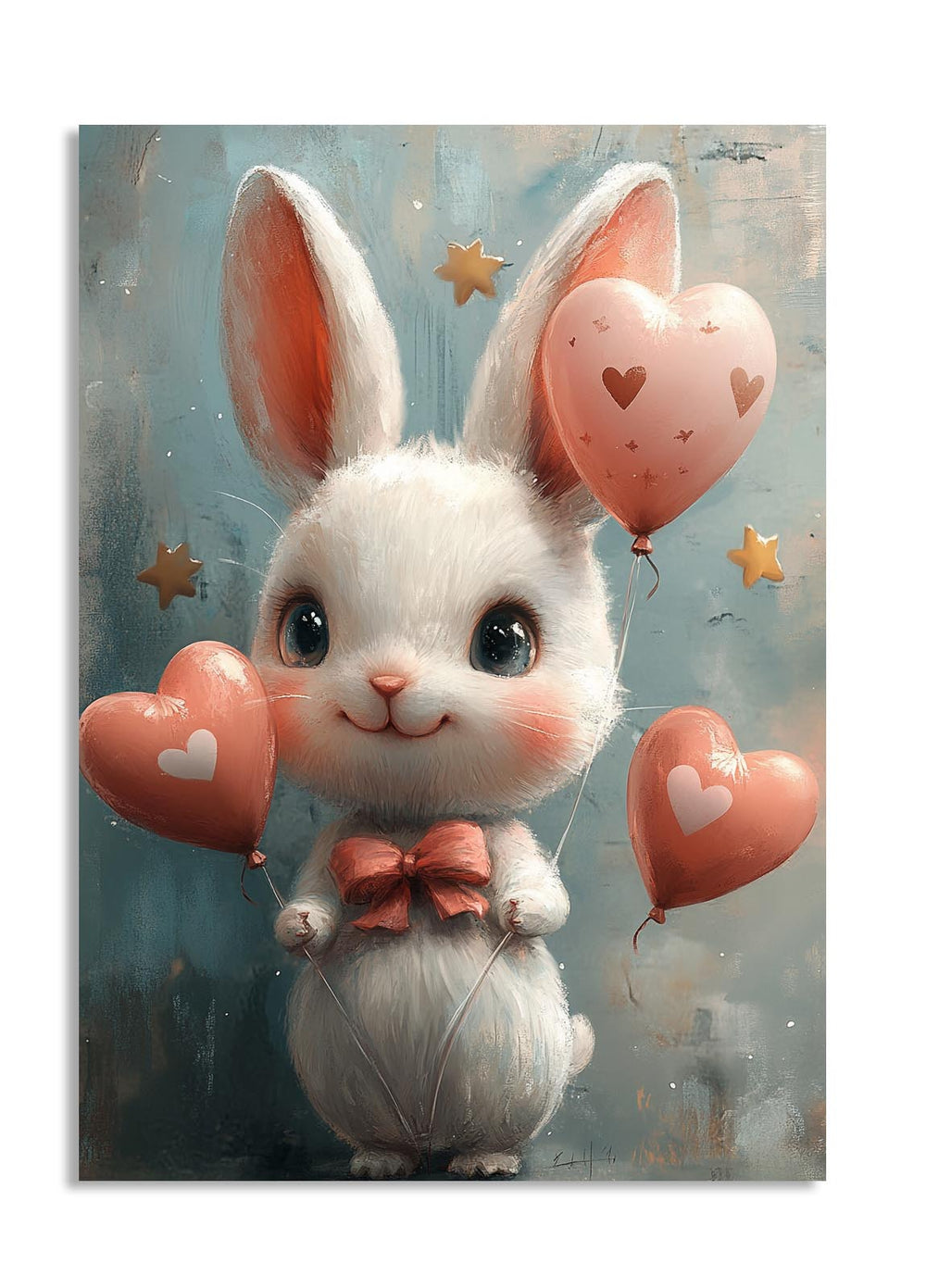Illustration of a cute white bunny with heart-shaped balloons on a soft blue background, as a premium aluminum metal print from GoMetalPrint.