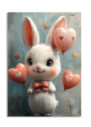 Illustration of a cute white bunny with heart-shaped balloons on a soft blue background, as a premium aluminum metal print from GoMetalPrint.