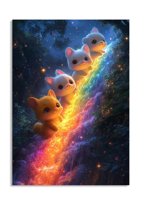 Five cartoon cats on a rainbow with a cosmic background, as a premium aluminum metal print from GoMetalPrint.
