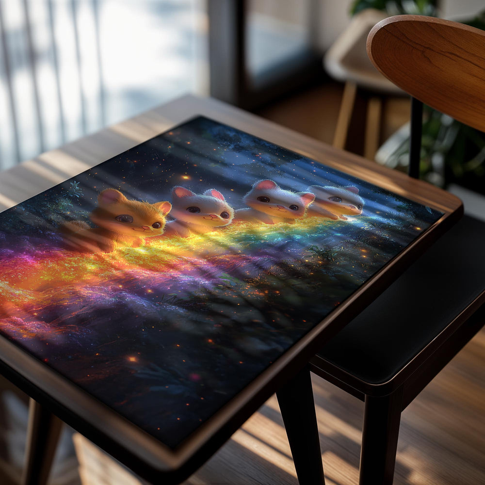 Five cartoon cats on a rainbow with a cosmic background, as a premium aluminum metal print from GoMetalPrint.