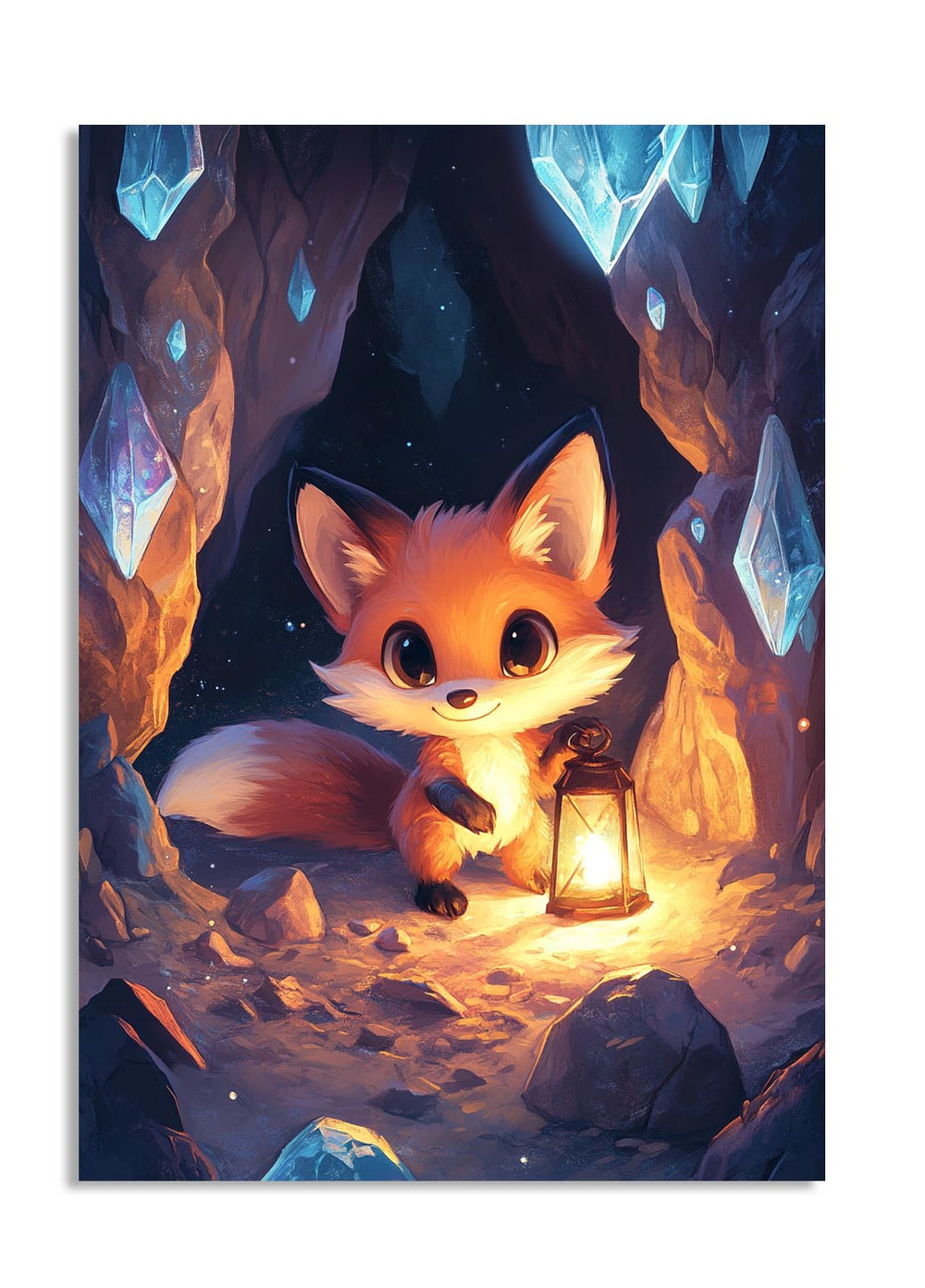 Illustration of a fox holding a lantern in a magical cave with crystals, as a premium aluminum metal print from GoMetalPrint.
