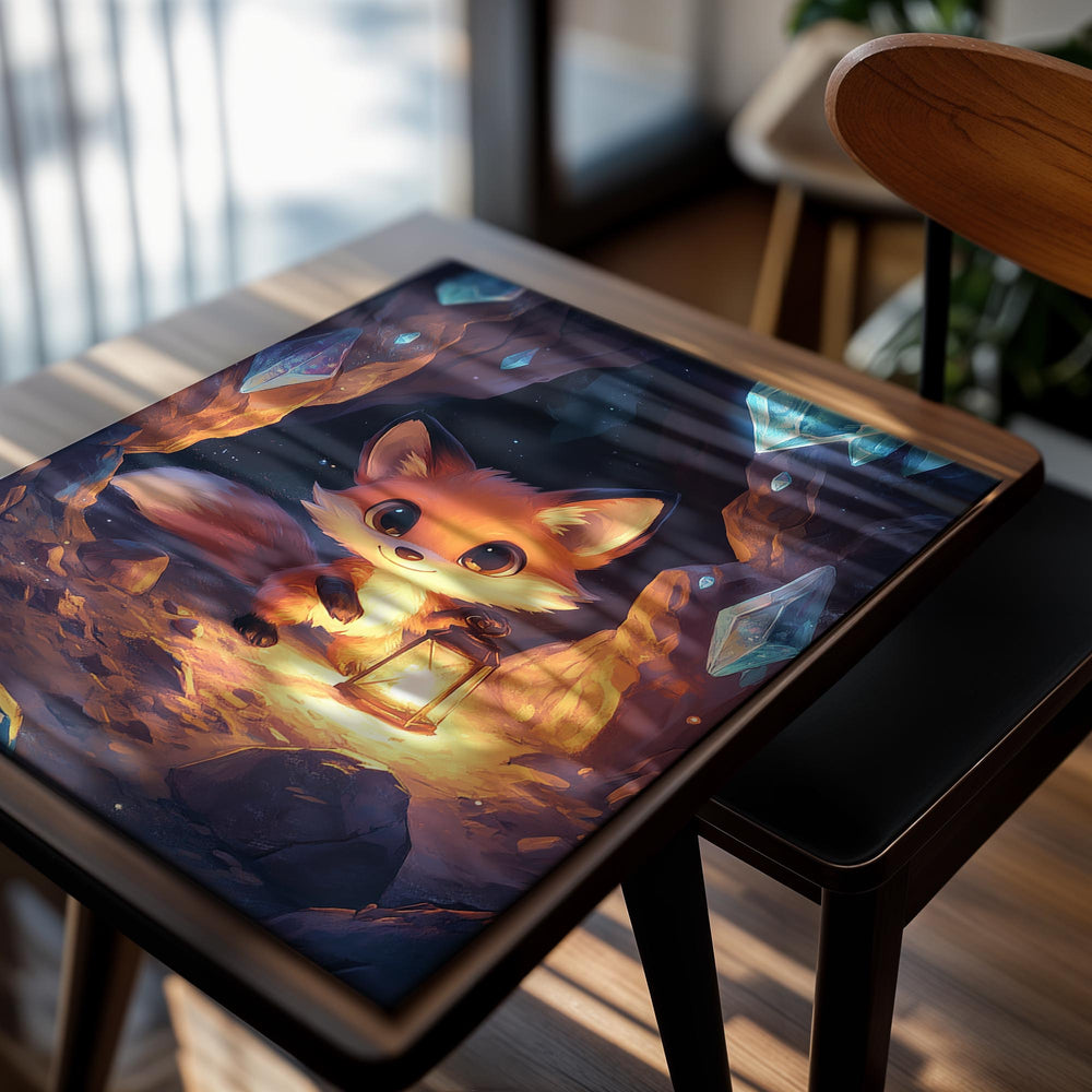 Illustration of a fox holding a lantern in a magical cave with crystals, as a premium aluminum metal print from GoMetalPrint.