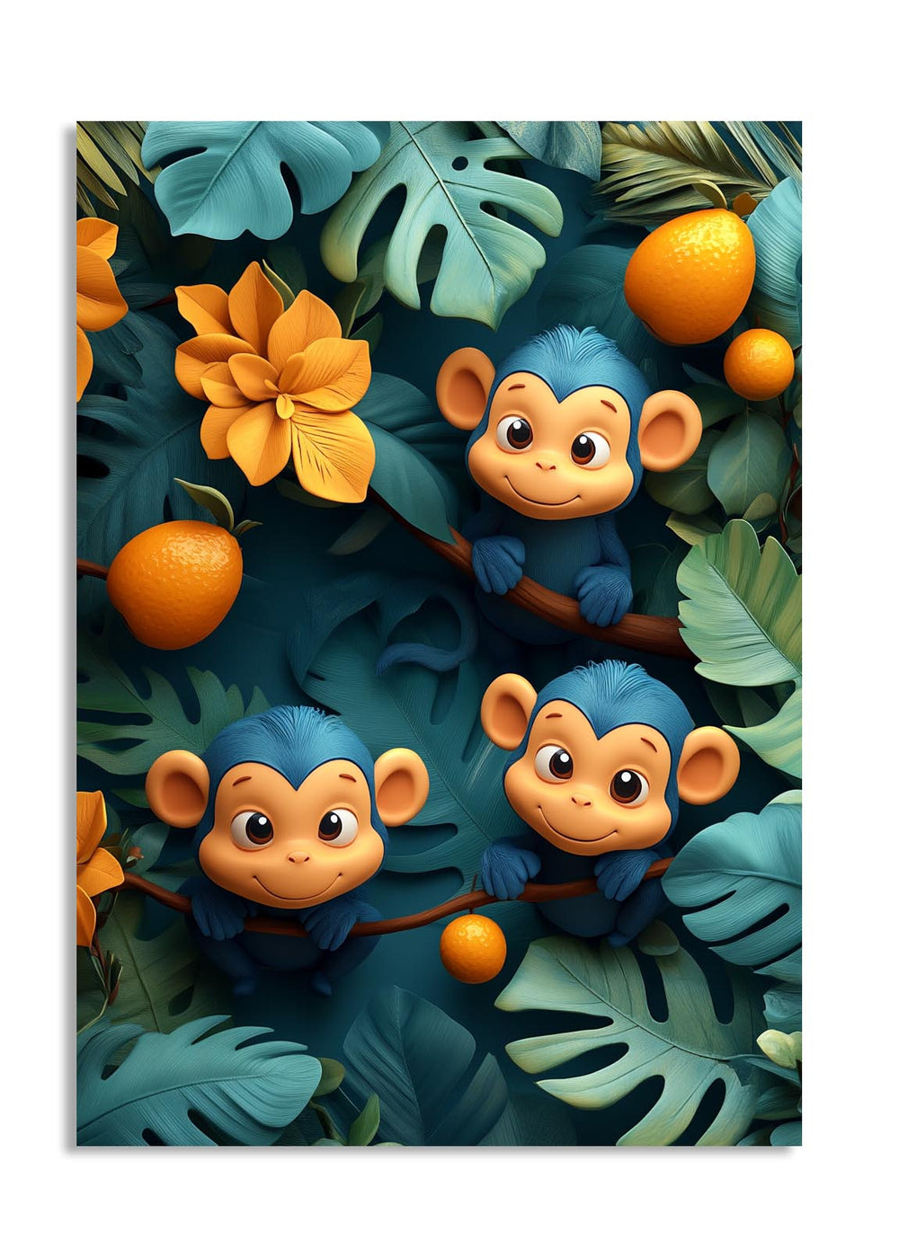 Two cartoon monkeys among leaves and fruits on a white background, as a premium aluminum metal print from GoMetalPrint.