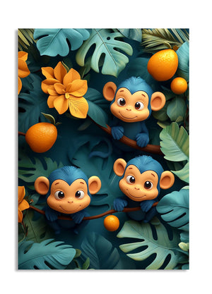 Two cartoon monkeys among leaves and fruits on a white background, as a premium aluminum metal print from GoMetalPrint.