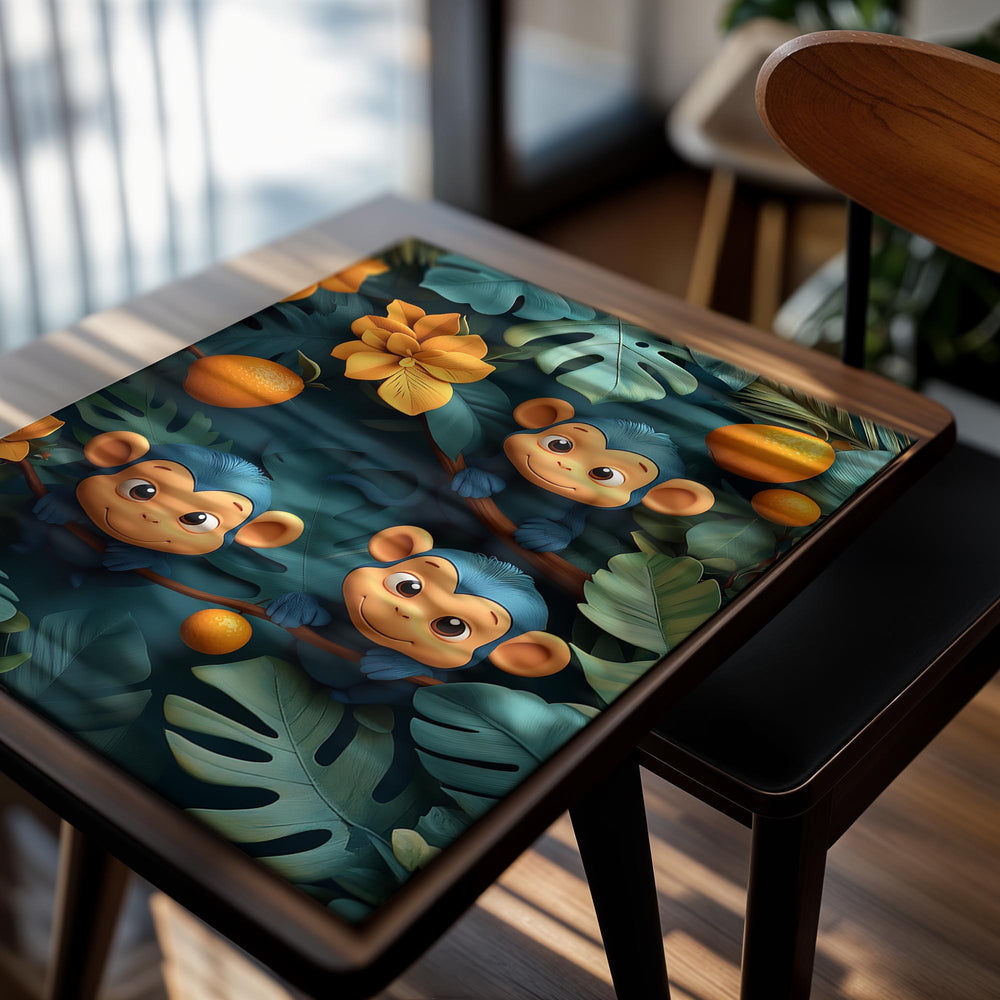 Two cartoon monkeys among leaves and fruits on a white background, as a premium aluminum metal print from GoMetalPrint.