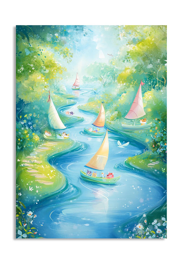 Colorful illustration of sailboats on a winding river surrounded by greenery, as a premium aluminum metal print from GoMetalPrint.