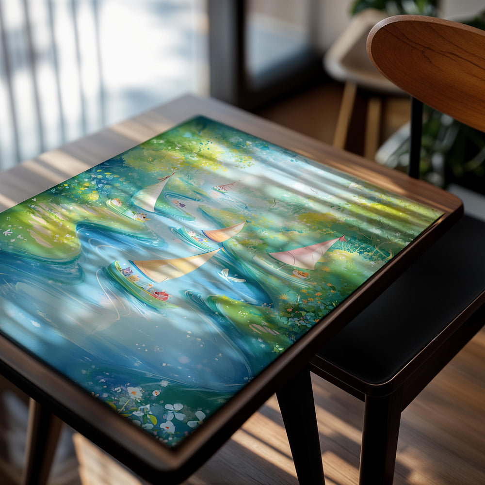 Colorful illustration of sailboats on a winding river surrounded by greenery, as a premium aluminum metal print from GoMetalPrint.