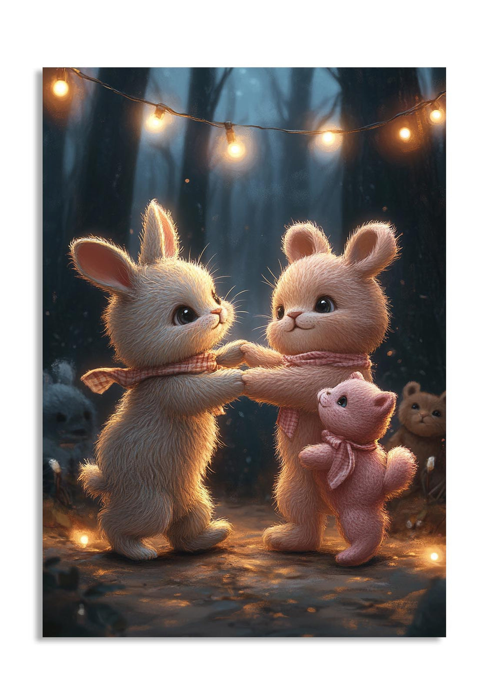 Two animated bunnies holding hands with a teddy bear in a forest setting with string lights, as a premium aluminum metal print from GoMetalPrint.