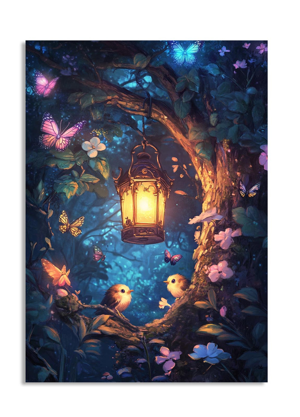 Fairy tale scene with a glowing lantern, birds, and butterflies in a forest setting, as a premium aluminum metal print from GoMetalPrint.