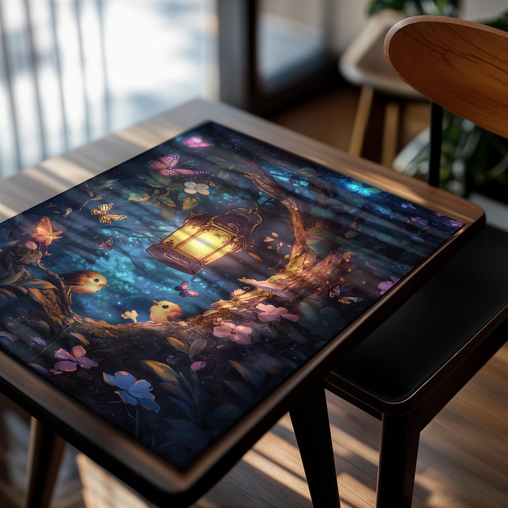 Fairy tale scene with a glowing lantern, birds, and butterflies in a forest setting, as a premium aluminum metal print from GoMetalPrint.
