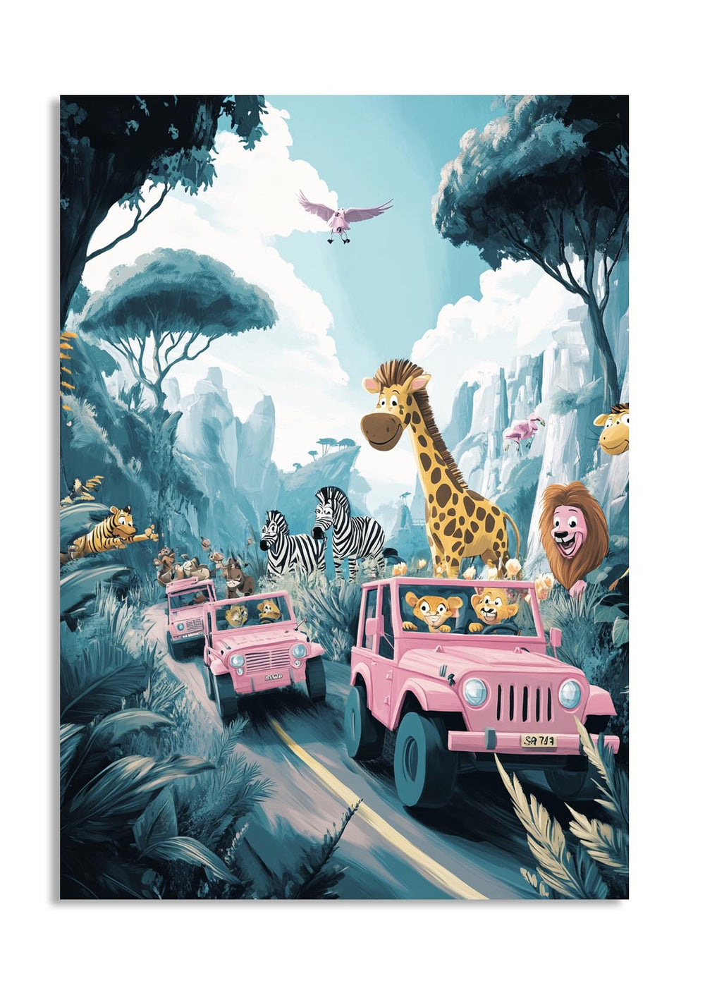 Illustration of pink jeeps with cartoon animals in a jungle setting, as a premium aluminum metal print from GoMetalPrint.
