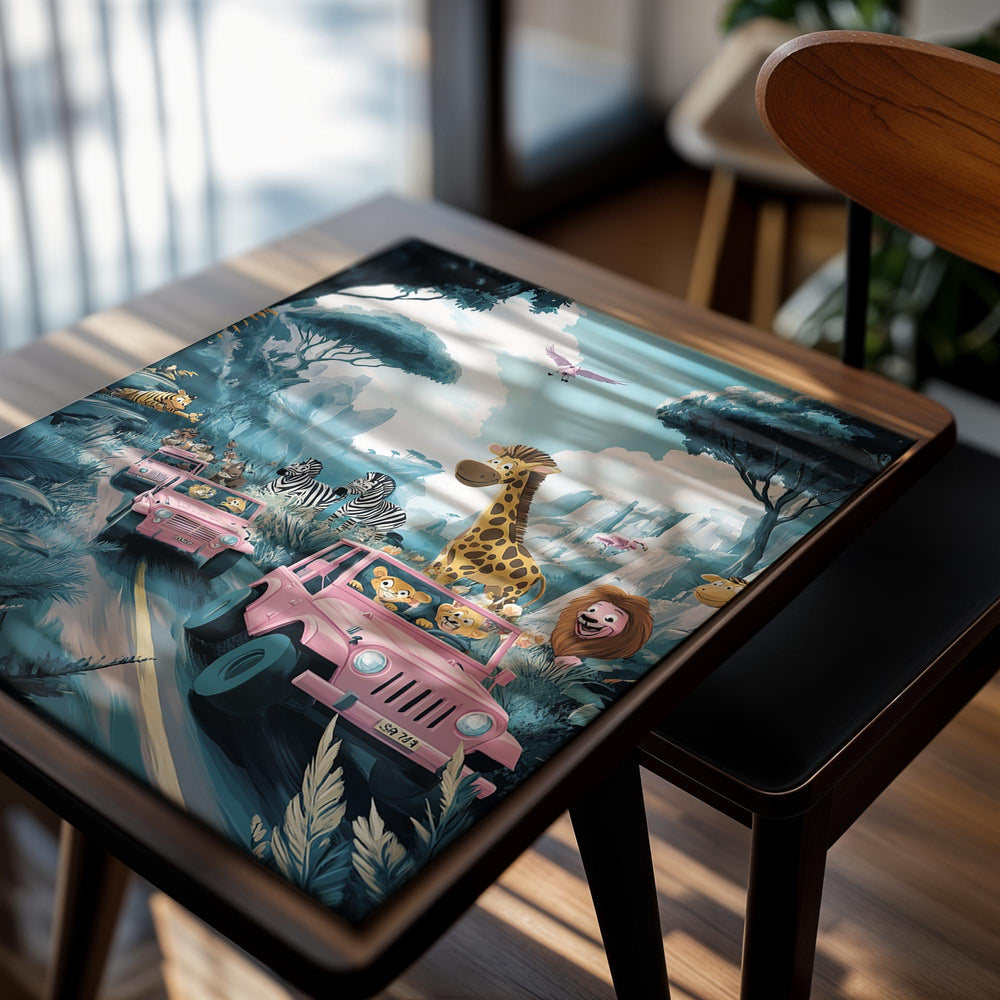 Illustration of pink jeeps with cartoon animals in a jungle setting, as a premium aluminum metal print from GoMetalPrint.
