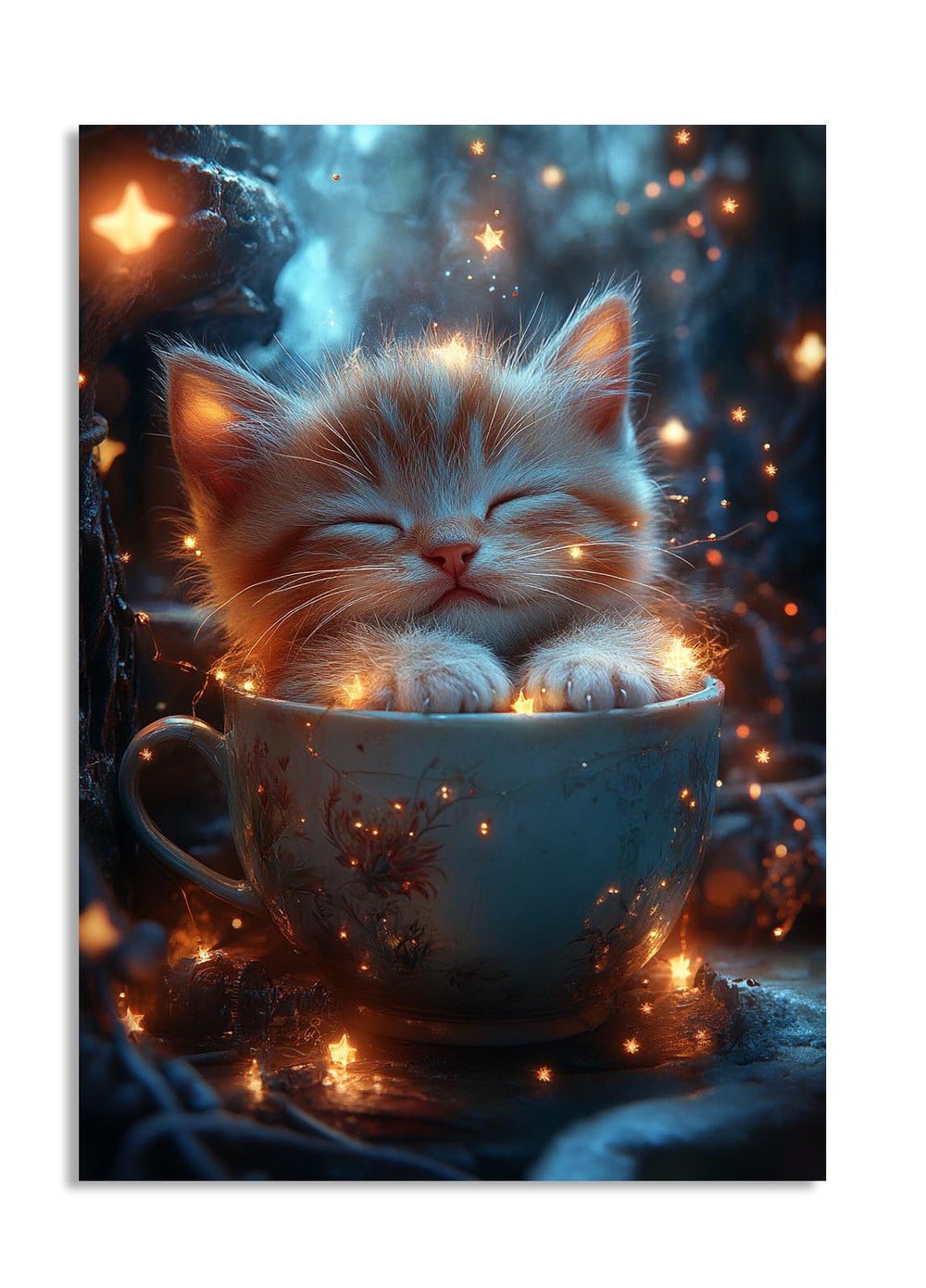 Cute kitten in a teacup surrounded by glowing lights and stars, as a premium aluminum metal print from GoMetalPrint.